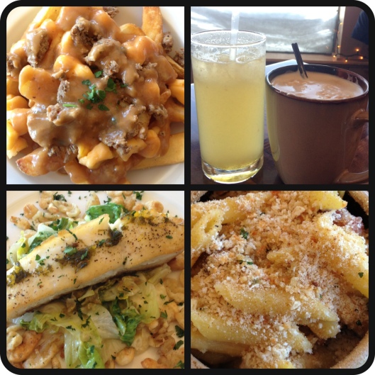 We had a surprisingly fancy lodge lunch. I was ready for pizza, beer, and chili cheese fries...instead we got Poutine, boozy beverages, halibut w/ spaetzle, and macncheese!